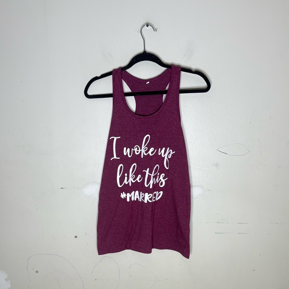 Women's Maroon White "I woke up like this #married" Poly Blend Tank Top - Picture 1 of 7